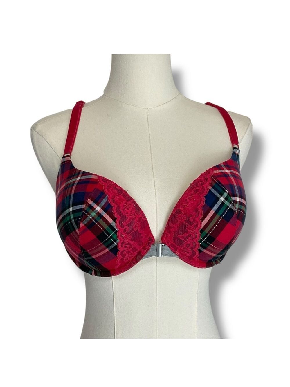 Victoria’s Secret Bra 38 C Red Tartan‎ Plaid Velvet Straps Front Closure Padded